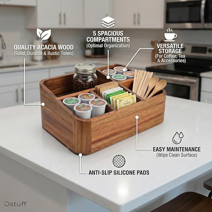 Dstuff Acacia Wood Coffee Station Organizer for Countertop, Tea Organizer and Holder, Coffee Bar Caddy with Multiple Compartments for Home and Office Decor - Image 3