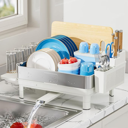 Dish Drying Rack, 304 Stainless Steel Dish Racks for Kitchen Counter | Dish Drainers with Automatic Drainage, Utensil Holder & Cups Holder, Space Saving Kitchen Organizer, White by EwaiiraHomeStorageOrganizer