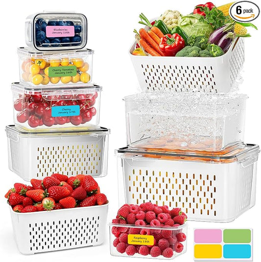CAPHONT Fruit Containers for Fridge 6 Pcs 2-in-1 Large Fridge Food Storage Container Set with Lids with Strainer 6 Size Clear Vegetable Storage Containers Keep Fruits, Vegetables, Meat Fresh Longer by CAPHONT