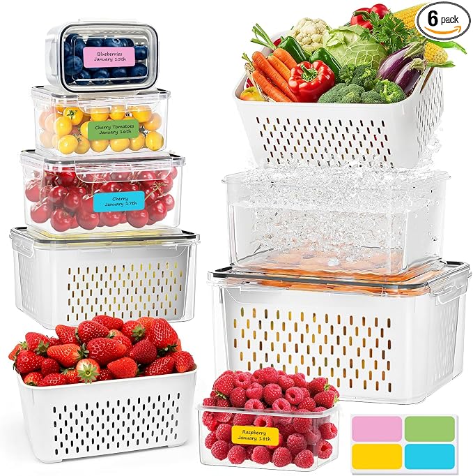 CAPHONT Fruit Containers for Fridge 6 Pcs 2-in-1 Large Fridge Food Storage Container Set with Lids with Strainer 6 Size Clear Vegetable Storage Containers Keep Fruits, Vegetables, Meat Fresh Longer by CAPHONT