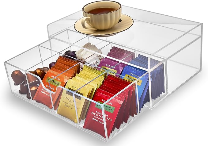 Heavy-Duty Acrylic Tea Station with 8-Compartment Drawer Organizer | Versatile Design: Features a smooth-sliding drawer with 8 compartments, plus a sturdy station top for coffee pods or mugs - Image 2