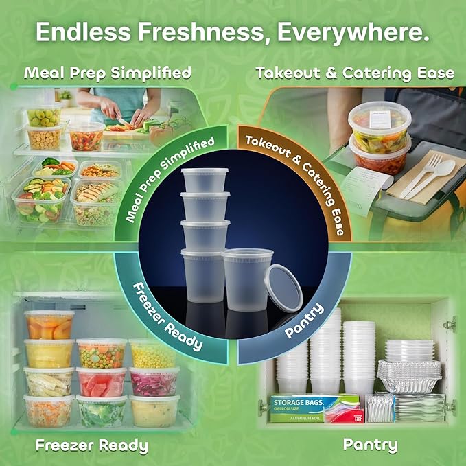 120 Sets Plastic Deli Containers with Lids - 8oz, 16oz Pint & 32oz Quart | Leak Proof, Microwaveable, Dishwasher & Freezer Safe - Plastic Food Storage, Meal Prep, Restaurant & Soup Containers - Image 5