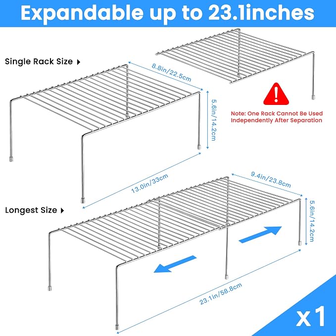 Tomorotec Expandable Kitchen Cabinet Organizer Stainless Steel Shelf Silver | Adjustable from 12.8 to 22.8 Inches Rustproof with Anti-Slip Feet for Pantry Bathroom Closet and Countertop Organization - Image 2