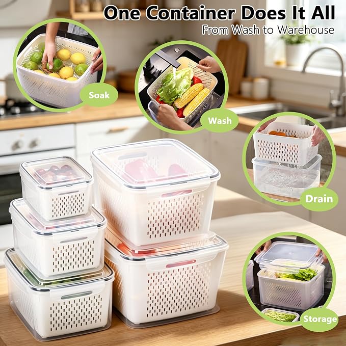 5 Pack Fruit Storage Containers for Fridge,Produce Container for Fridge with Removable Colanders,Leakproof Refrigerator Organizers and Storage for Produce Berry Vegetable Salad Meat Food Keep Fresh - Image 6