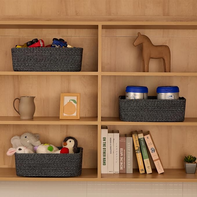 MiniArk Large Shallow Organizing Baskets 15x11x5.1 Inches - Rope Woven Storage Bins for Bathroom, Shelves, Cube Closet, Mixed Black 2 Packs - Image 3