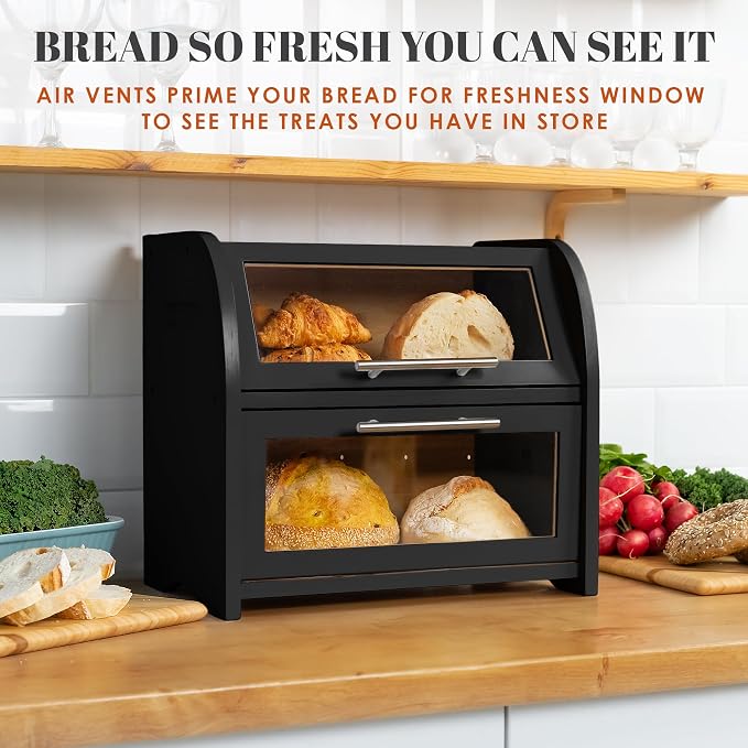 Arise Stylish Bamboo Bread Box for Kitchen Countertop, Extra Large 2-Shelf Wooden Bread Storage Container with Clear Windows and Air Vents Keep Bread, Bagels and Rolls Fresh, Self Assembly | Bread Storage Container with Clear Windows & Air Vents, Bread... - Image 2