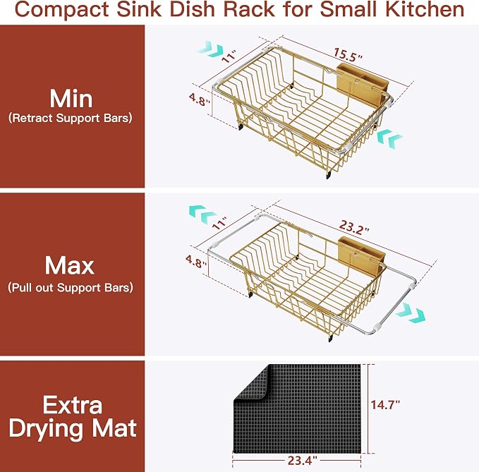 JASIWAY Gold Dish Drying Rack in Sink with Mat, Cups and Utensil Holder | Use Over the Sink or Counter, Stainless Steel Expandable Dish Drainer for Small Kitchen, Space Saving, Fast Drain, Rustproof - Image 6