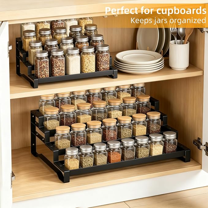 Spice Rack Organizer for Cabinet, 13-21.5" Expandable Spicy Shelf | 11.6" Depth 4-Tier Black Metal Seasoning Organizer, Kitchen Spice Organization, Slip-Resistant Guardrails for Jars and Cans - Image 3