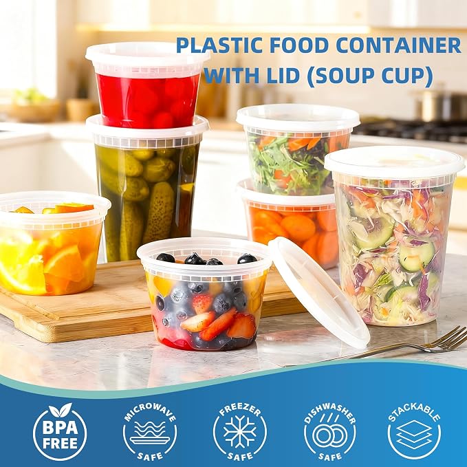 Plastic Deli Containers with Lids, 240 Sets 32 oz Leakproof Soup Cups | Complete Sets With Matching Lids, BPA Free PP Material, Leakproof Seal, Microwave & Freezer Safe, Stackable Meal Prep Vessels - Image 7