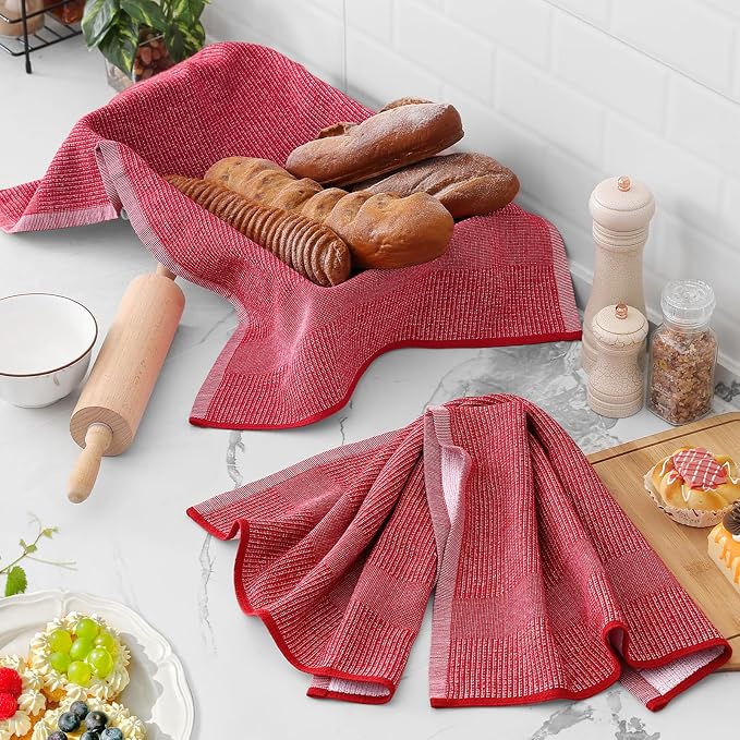 Homaxy 380 GSM Cotton Premium Kitchen Towels 6 Pack, 18"x 28", Red | Flat and Terry Dish Towels, Highly Absorbent Tea Towel Set with Hanging Loop, Soft Utility Kitchen Hand Towels - Image 6