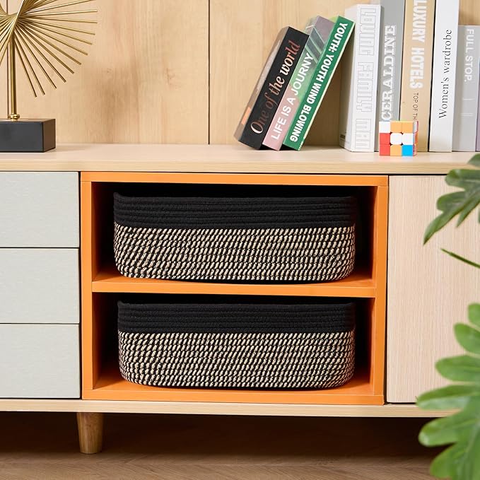 MiniArk Large Shallow Organizing Baskets 15x11x5.1 Inches - Rope Woven Storage Bins for Bathroom, Shelves, Cube Closet, Black Woven Brown 2 Packs - Image 4