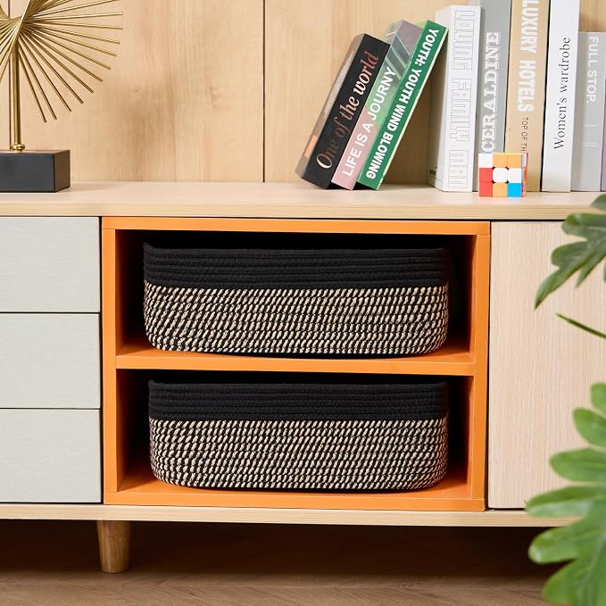 MiniArk Large Shallow Organizing Baskets 15x11x5.1 Inches - Rope Woven Storage Bins for Bathroom, Shelves, Cube Closet, Black Woven Brown 3 Packs - Image 4