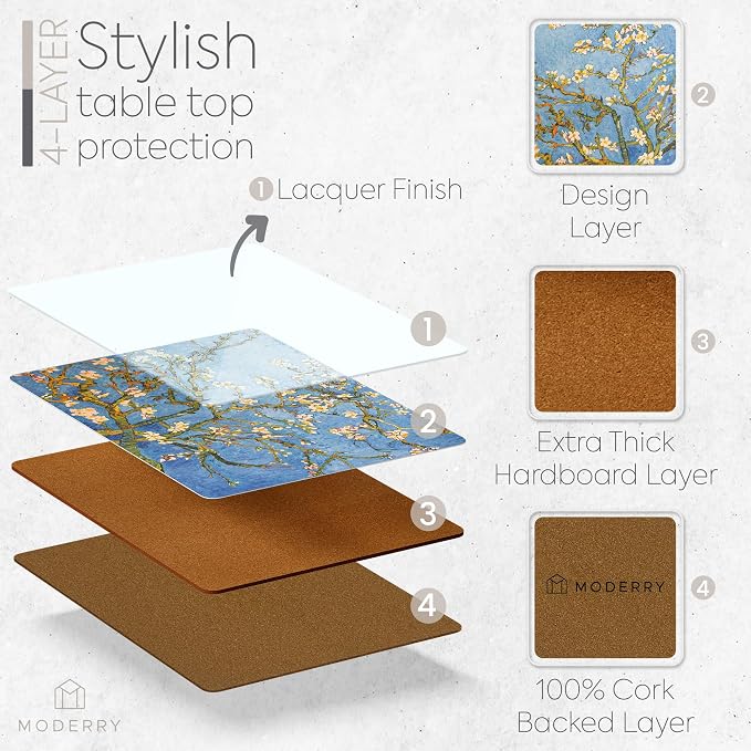 Set of 4 Heat Resistant Cork Placemats for Dining Table with Free Set of 4 Matching Drink Coasters Van Gough Blue Botanical Design 16 x 12 Inches Cork Backed Hard Placemats (Almond Blossoms) - Image 3