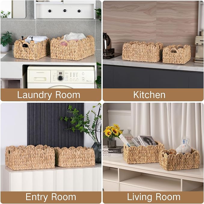 iEGrow Scalloped Wicker Basket, Set of 2 Woven Rattan Natural Water Hyacinth Baskets with Built-in Handles, Rectangle Storage Baskets for Organizing, Decor, Shelf and Nursery Room - Image 7