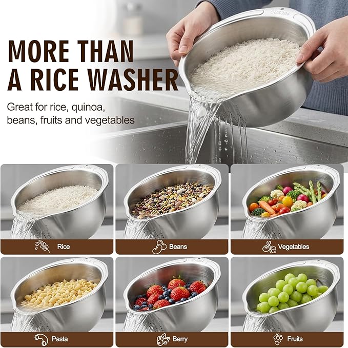 Palksky Rice Strainer & Rice Washing Bowl Stainless Steel - 5.6 Qt Professional Fine Mesh Rice Washer for Kitchen - Heavy Duty Rice Rinser, Cleaner & Drainer Colander for Quinoa, Grains & Fruit - Image 7