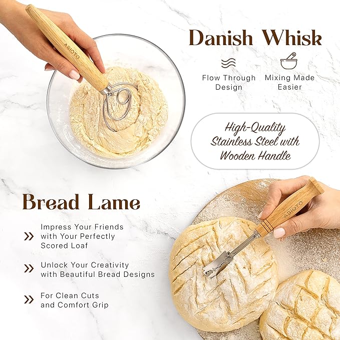 ABIOTO Sourdough Bread Proofing Baskets and Baking Supplies - 14-Piece Kit | Sourdough Bread Baking Kit - 9" Round & 10" Oval Bannetons with Liners, Lame with Blades, Danish Whisk, Dough & Bowl Scrapers - Image 4