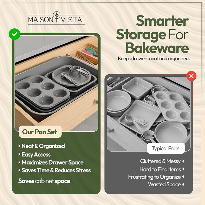 Non-Toxic 11-Piece All-in-One Nesting Bakeware Set - Space-Saving Stackable Nonstick Carbon Steel Baking Pans Set, PFOA-Free, Cookie Sheet, Roasting Pan, Square, 2 Muffin & 2 Cake Pans - Image 4