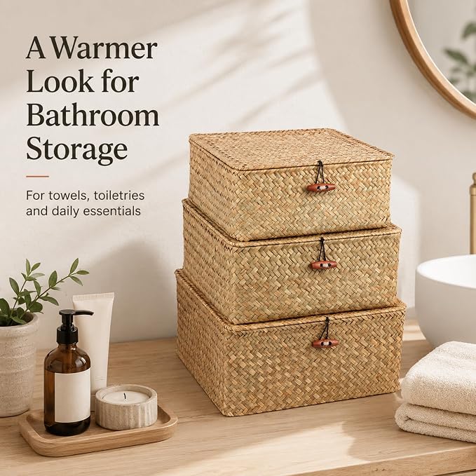 Square Handwoven Seagrass Wicker Storage Baskets with Lids, Set of 3 | Attached lids and internal iron frames help each basket hold its shape; compatible with IKEA KALLAX cube shelving. - Image 4