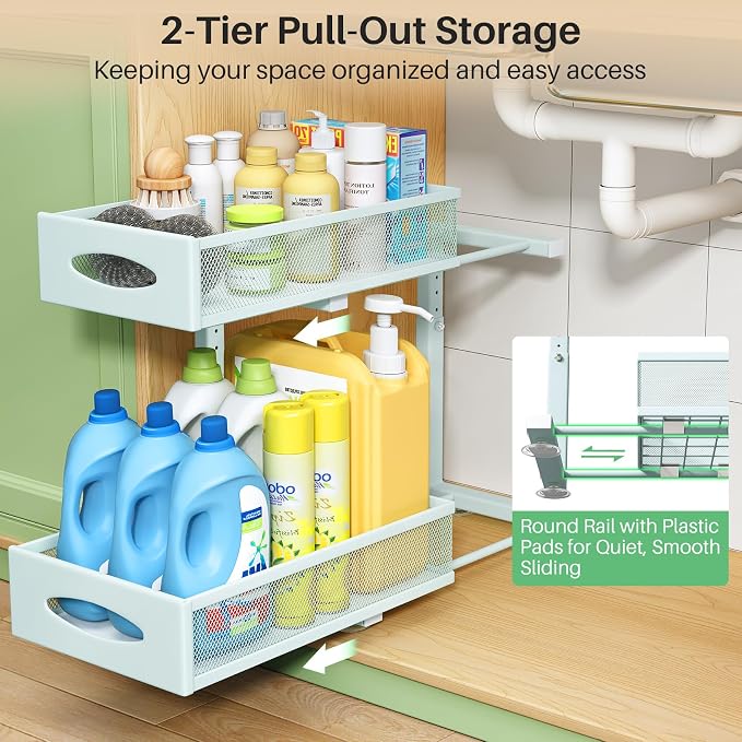 Under Sink Organizer, 2 Tier Pull out Cabinet Organizer Baskets with Mesh Sliding Drawers, Slide out Storage Shelf for Home, Kitchen, Bathroom, Pantry, Office Cabinet(1 Pack, Blue) - Image 3
