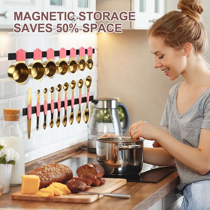 16-Piece Magnetic Measuring Cups & Spoons Set, Stainless Steel, Pink & Gold | 7 Silicone-Grip Cups, 8 Metal Spoons, 1 Leveler, US and Metric Marks for Dry & Liquid Ingredients, Kitchen Essentials Gadgets - Image 3