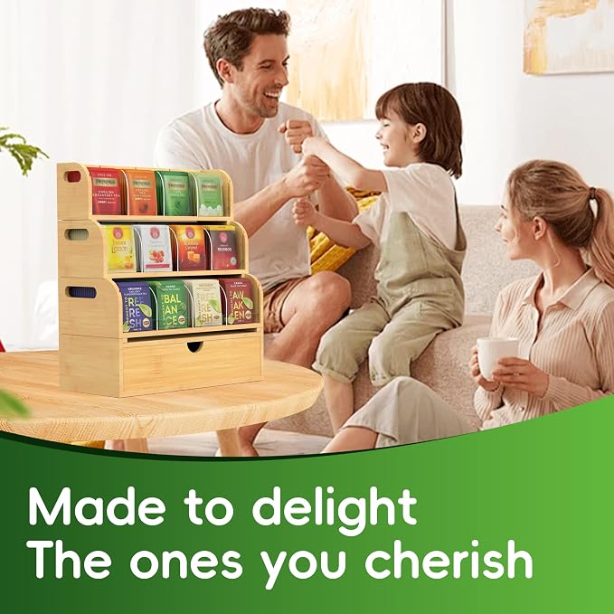Bamboo Tea Bag Organizer for Coffee Bar, 4 Tier Modular Tea Organizer with Drawer, Large Capacity Tea Storage Box, Stackable Tea Station Organizer, No Assembly, Kitchen Counter - Image 4