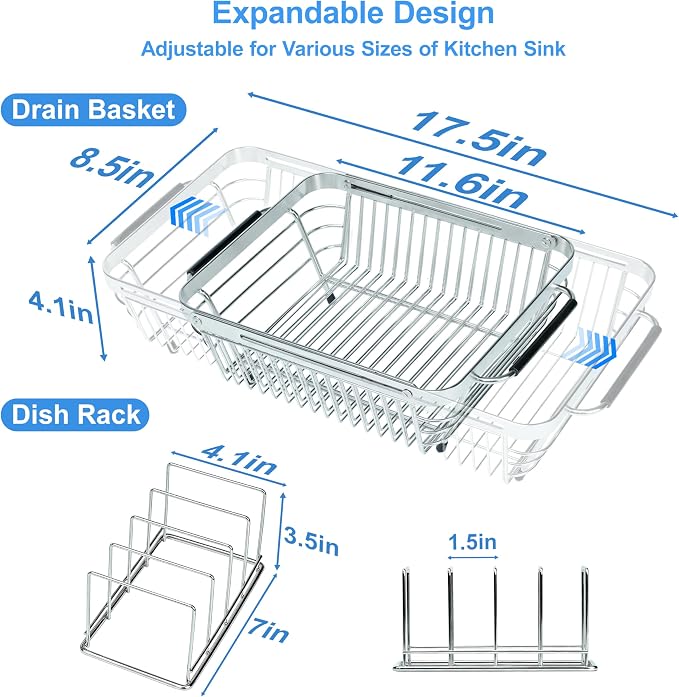 Over The Sink Dish Drying Rack Expandable Kitchen Sink Organizer | 304 Stainless Steel Dish Rack in Sink Drying Rack 2-in-1 Extend Sink Drain Basket and Dish Drainers for Kitchen Counter - Image 2