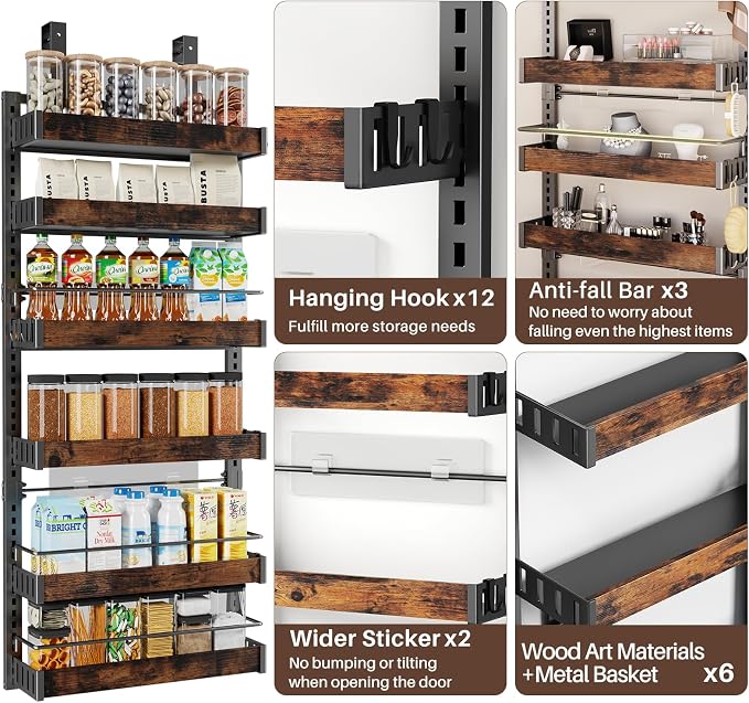 6 Tier Over The Door Pantry Organizer, 2 IN 1 Wall Mount or Metal Hanging Spice Rack for Pantry Organizers and Storage, Seasoning Shelves，Adjustable Basket with Hooks for Kitchen Cabinet and Closet - Image 6