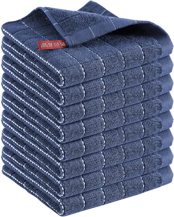 Kitinjoy 100% Cotton Terry Kitchen Dish Cloths, 12”x 12”, 8-Pack, Navy Blue | Ultra Soft and Absorbent Dish Towels for Kitchen, Suitable for Drying and Washing Dishes by Kitinjoy