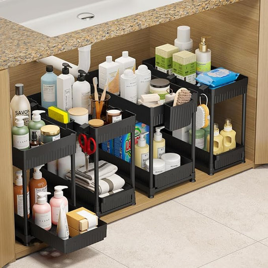 4-Pack 2-Tier Under Sink Organizer with Pull Out Drawers | Multi-use kitchen & bathroom storage. Includes hanging hooks and cups. Black, space-saving cabinet design. by Sevenblue