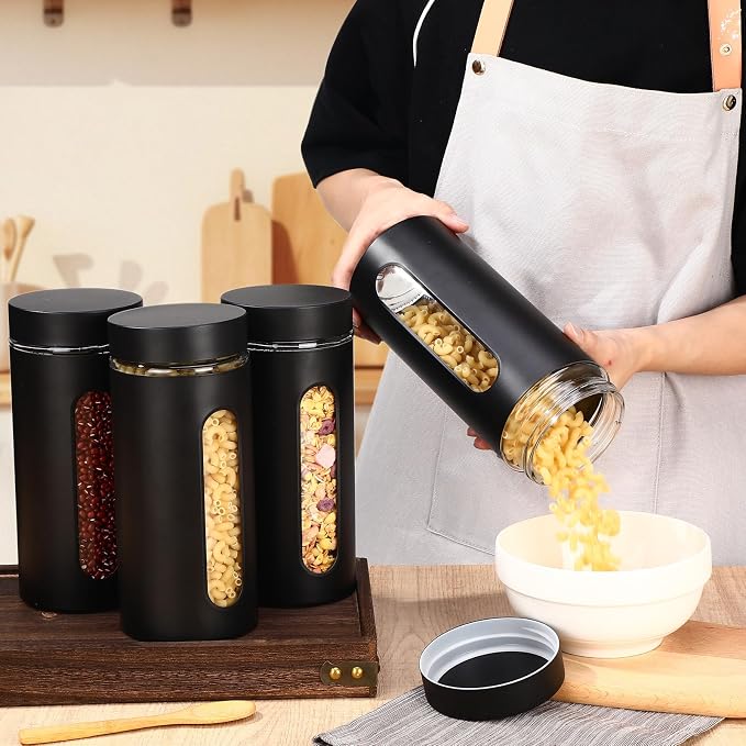 Patelai 6 Pack Kitchen Canisters Set Airtight Stainless Steel Canister Food Storage Container with Window Glass, Coffee Sugar Candy Jars Tea Organizer for Flour Cookies Spice(Black,44 oz) - Image 3