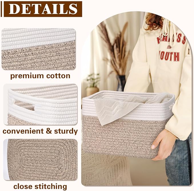 Storage Baskets for Organizing, 4 Pack Baskets for Shelves, Decorative Storage Bins for Shelves, Cotton Rope Storage Basket with Handles, Woven Basket for Storage, 13''Lx8.7''Wx7.9''H, White & Brown - Image 5
