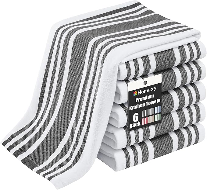 Homaxy Premium Cotton Stripe Kitchen Towels 6 Pack, 18"x 28", Black | Large 380 GSM Kitchen Hand Towels, Soft Terry Dish Towels, Highly Absorbent Tea Towel Set with Hanging Loop by Homaxy