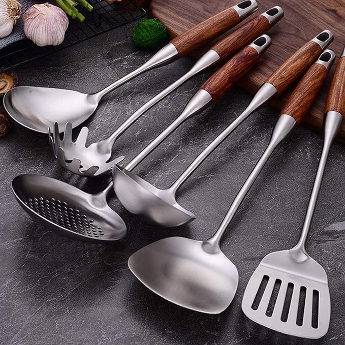 Kitchen Utensils Set,6 PCS with Utensils Holder,304 Stainless Steel | Wooden handle,For kitchen cooking,Includes: wok spatula, soup ladle, slotted spoon, Spaghetti spoon, Utensils Holder - Image 3