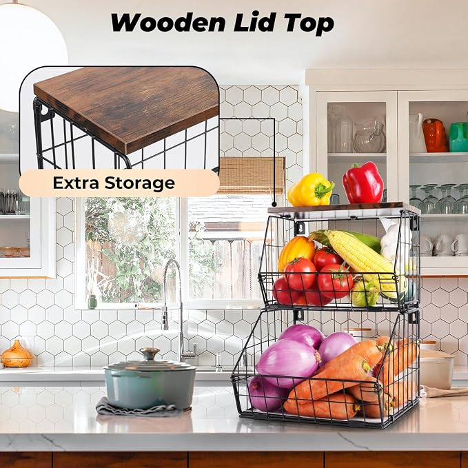 Wawocs 2 Tier Stackable Wall Mounted Hanging Basket, Fruit Basket for Kitchen Counter, Storage Bin with Wood Lid, Onion Storage, Fruit and Vegetable Storage, Countertop Organizer - Image 2