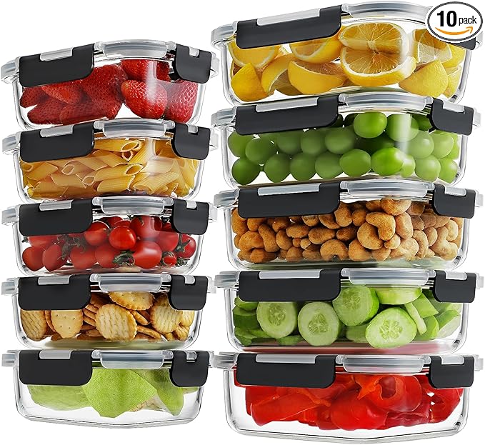 HOMBERKING 10-Pack Glass Meal Prep Containers, 36 oz/14 oz, Locking Lid Set | Borosilicate Glass Food Storage Containers Set, Airtight Lunch Bento Boxes, BPA-Free, Dishwasher Freezer, Oven Safe-Black by HOMBERKING