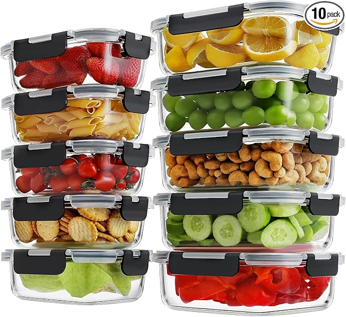 HOMBERKING 10-Pack Glass Meal Prep Containers, 36 oz/14 oz, Locking Lid Set | Borosilicate Glass Food Storage Containers Set, Airtight Lunch Bento Boxes, BPA-Free, Dishwasher Freezer, Oven Safe-Black by HOMBERKING
