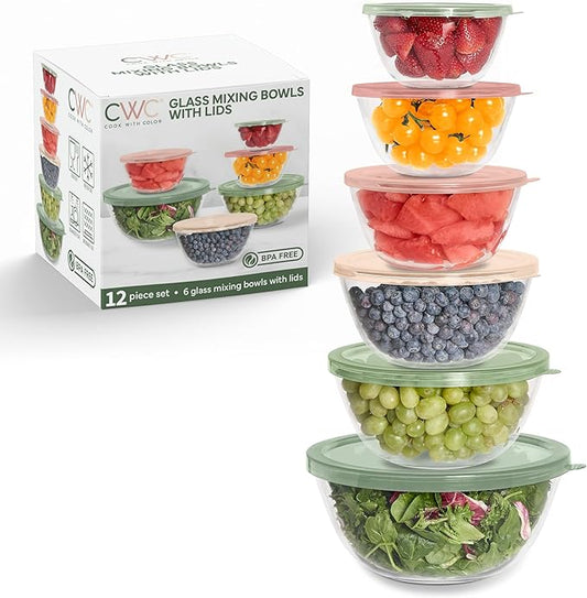 COOK WITH COLOR 12 Pc Glass Mixing Bowl Set with Lids – Borosilicate Glass Nesting Bowls for Cooking, Baking and Meal Prep, Multicolor by CookwithColor