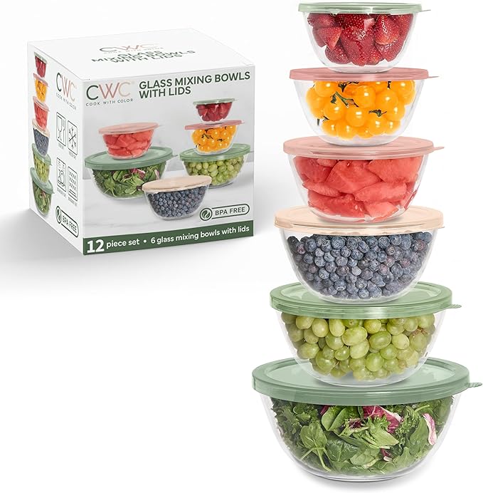 COOK WITH COLOR 12 Pc Glass Mixing Bowl Set with Lids – Borosilicate Glass Nesting Bowls for Cooking, Baking and Meal Prep, Multicolor by CookwithColor