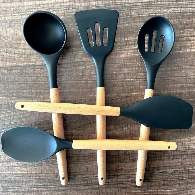 Silicone Cooking Utensils Set of 5, Heat Resistant Silicone Kitchen Utensils Set with Wooden Handle, BPA Free Spatula Spoon Turner Ladle Cooking Kitchen Gadgets for Nonstick Cookware & Baking - Image 9