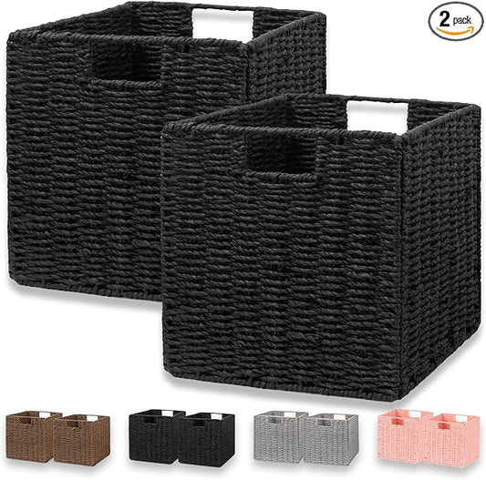 Wicker Storage Basket, Set of 2 Hand-Woven Wicker Basket, Foldable Cube Storage Bin, Black Storage Basket, Square Storage Baskets for Organizing Shelves & Decor, Black (11″×11″×11″) by Vagusicc