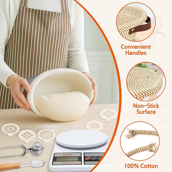 Aliggbent 38Pcs Sourdough Bread Baking Supplies – 11'' Oval & 10'' Round Cotton Rope Banneton Bread Proofing Baskets with Liners & Covers, Sourdough Starter Jar Kit, Scale, Bags & Bread Making Tools - Image 4