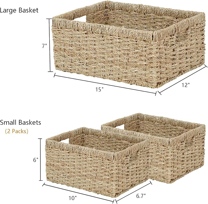 Wicker Basket, Set of 3 Hand-woven Storage Baskets for Organizing, Seagrass Wicker Storage Basket Bins with Handles, Small Toilet Paper Storage Baskets for Shelves Pantry Baskets (Seagrass) - Image 2