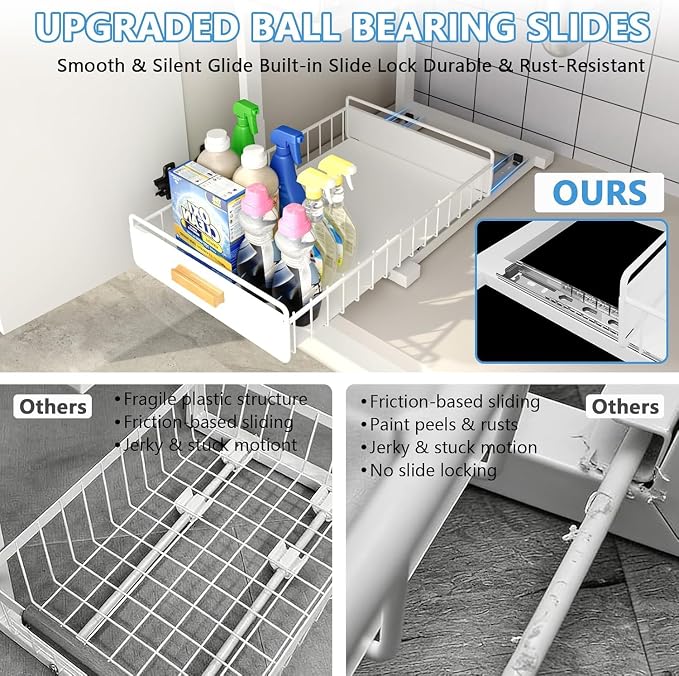 Under Sink Organizer Kitchen - Upgraded Professional Rails, 2 Tier Dual Pull Out Cabinet Storage, Height Adjustable Under Sink Storage, Metal Sliding Drawer for Kitchen & Bathroom, White, 1 Pack - Image 2