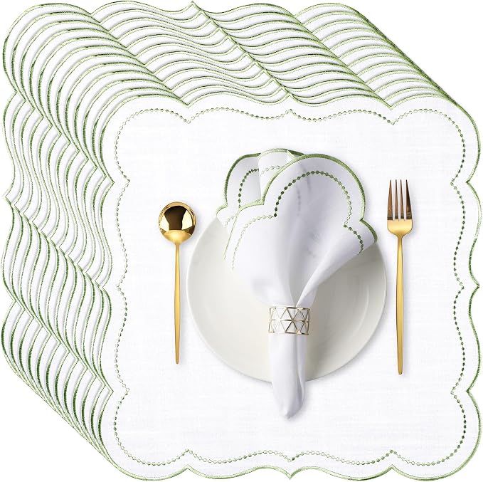 Hahafelt 12 Set Cloth Napkins 18x18inches Scalloped Embroidery Cloth Napkins Washable Polyester Table Dinner for Hotel Restaurant Weddings Events Parties (Sage Green) by Hahafelt