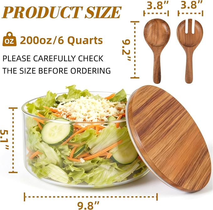 Glass Salad Bowl with Lid, 9.8" Large Glass Mixing Bowls with Acacia Wood Lids Set & Serving Utensils, 200oz Trifle and Serving Bowl for Salads, Fruit, Pasta, Dessert, Popcorn, Microwave Safe - Image 3
