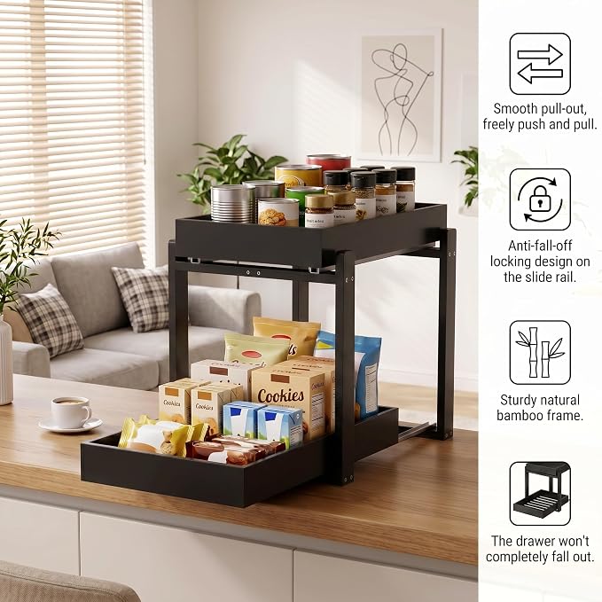 MHXW SXPN Bamboo Under Sink Organizer, 2 Pack Pull Out Cabinet Organizer | 2 Tier Vertical Smooth Slide Out Undersink Storage Shelf | Multi-Purpose Organizer Shelves for Kitchen Bathroom Medicine - Image 4