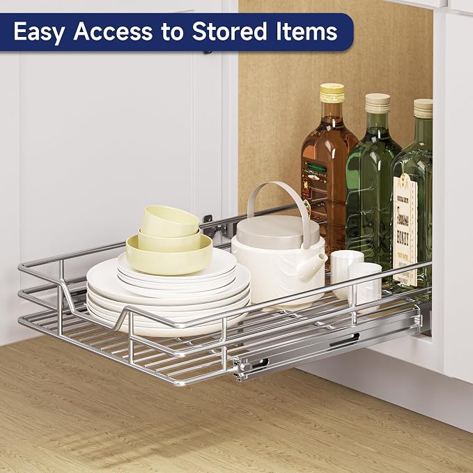 Pull Out Cabinet Organizer, 12.5" W x 21.5" D, Heavy Duty Chrome Slide Out Shelf for Narrow Base Cabinets, Sliding Wire Basket Drawer for Spices, Bottles, Snacks & Cleaning Supplies - Image 6