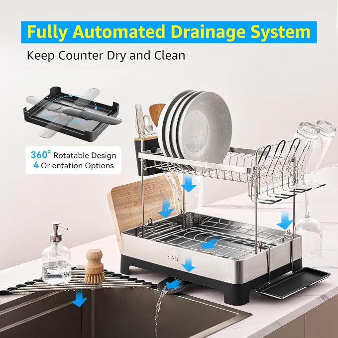 2 Tier Dish Drying Rack, Extra Large Dish Rack, Multifunctional Large Dish Drainers for Kitchen Counter, 304 Stainless Steel Kitchen Drying Rack, Bowl Drying Rack, Extendable Drain Spout, Black - Image 4