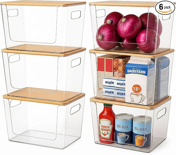 CiWiVOKi 6 Pack Clear Stackable Storage Bins with Bamboo Lids, Trash Bag Holder Dispenser Under Sink Organizer for 4-13 Gal Bags, Plastic Storage Containers for Pantry Bathroom Kitchen Organization by CiWiVOKi
