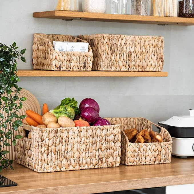 FairyHaus Wicker Baskets 15x11x7 & 13.4x9.5x6.5, 2 Pack Handmade Big Wicker Storage Basket with Handles, Natural Water Hyacinth Wicker Baskets for Storage Shelves Organizing, Rectangle Wicker Basket - Image 3